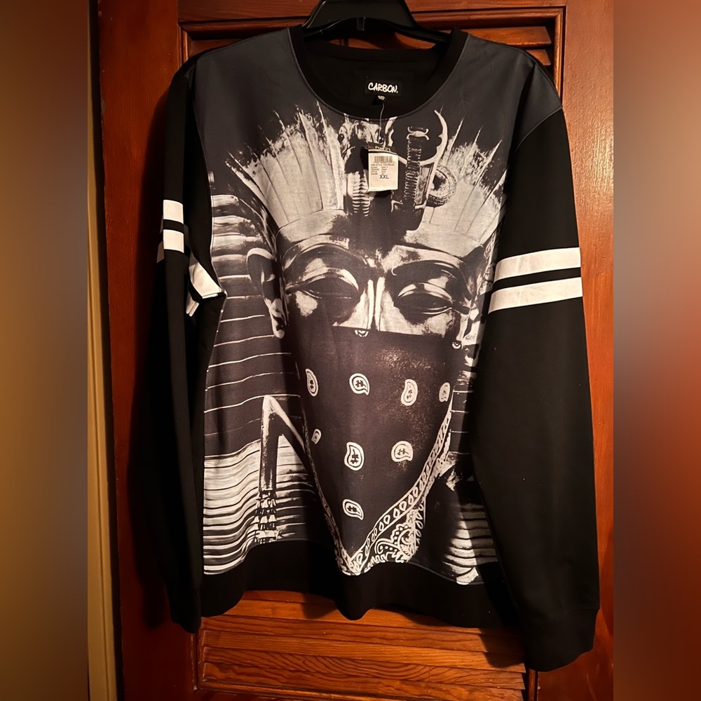 Black graphic sweatshirt with white stripes on sleeve
